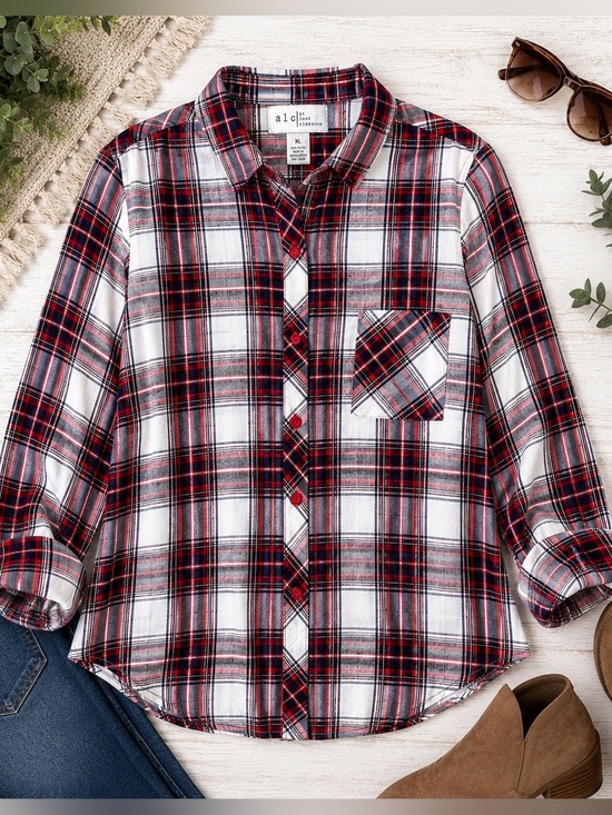 A.L.C. Tops - A.L.C. Plaid Button Front Rayon Blouse XL Red Black Long Sleeve Pocket Shirt